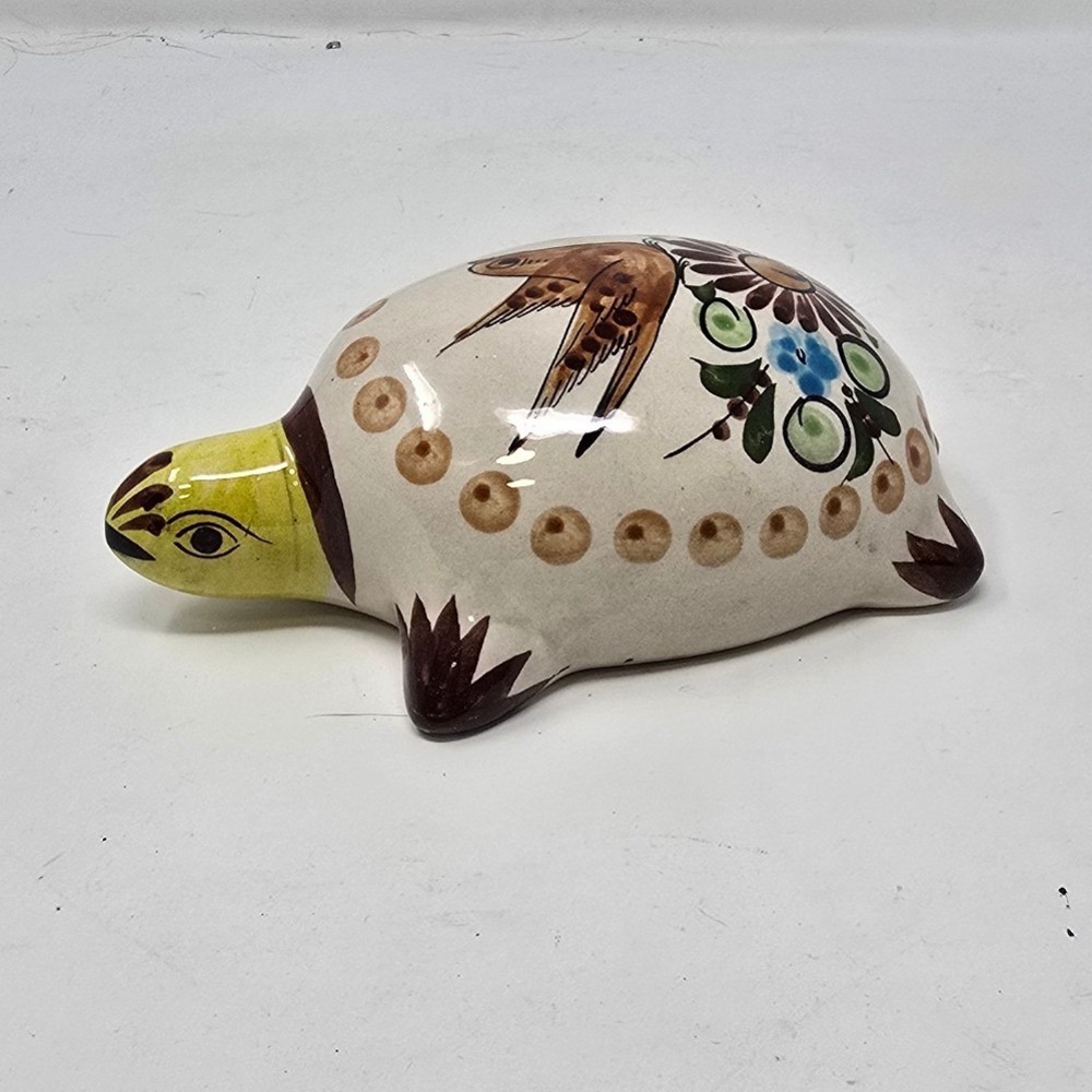 Vtg Tonala turtle hand painted ceramic pottery folk art home decor bird floral